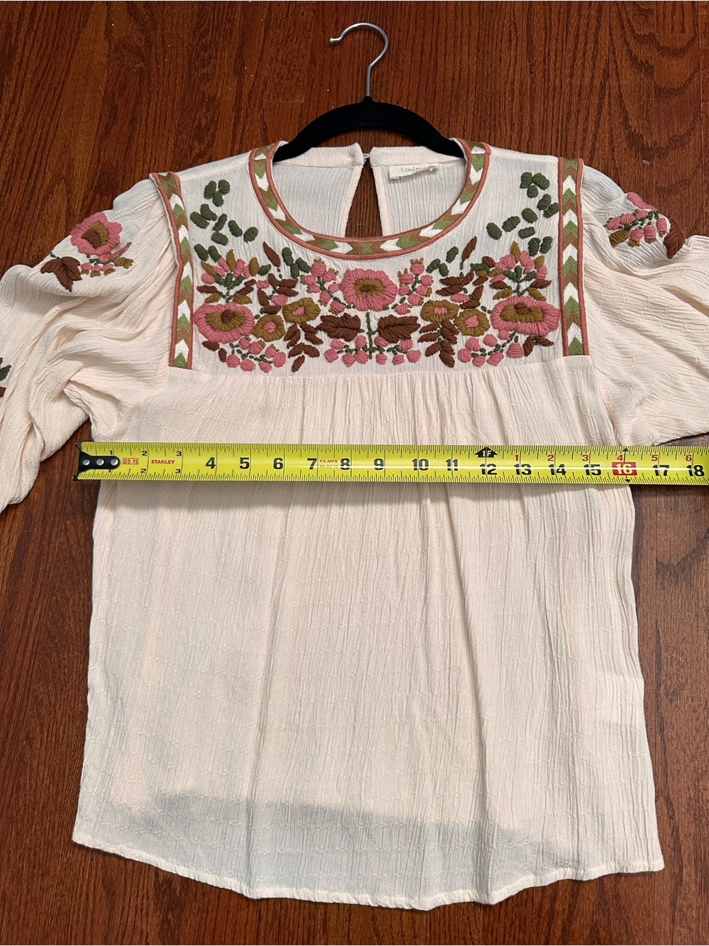 Embroidered Floral Cream Peasant Blouse with Pink & Olive Accents